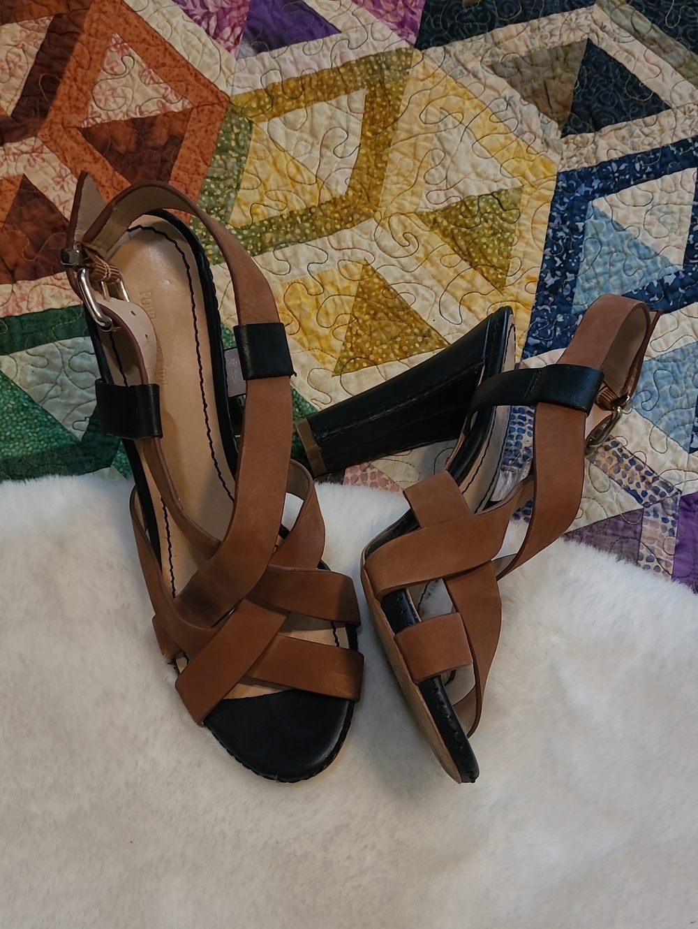 Pour La Victoire Black & Brown Leather Criss Cross Leather Heels Size 8